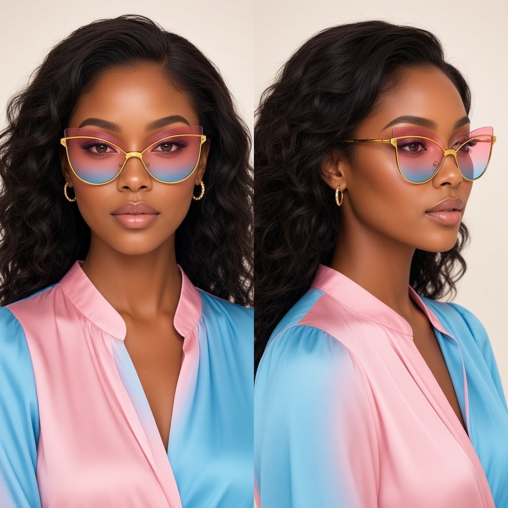 Gold Oversized Cat Eye Sunglasses Pink Blue Sunset Gradient Butterfly Frames New